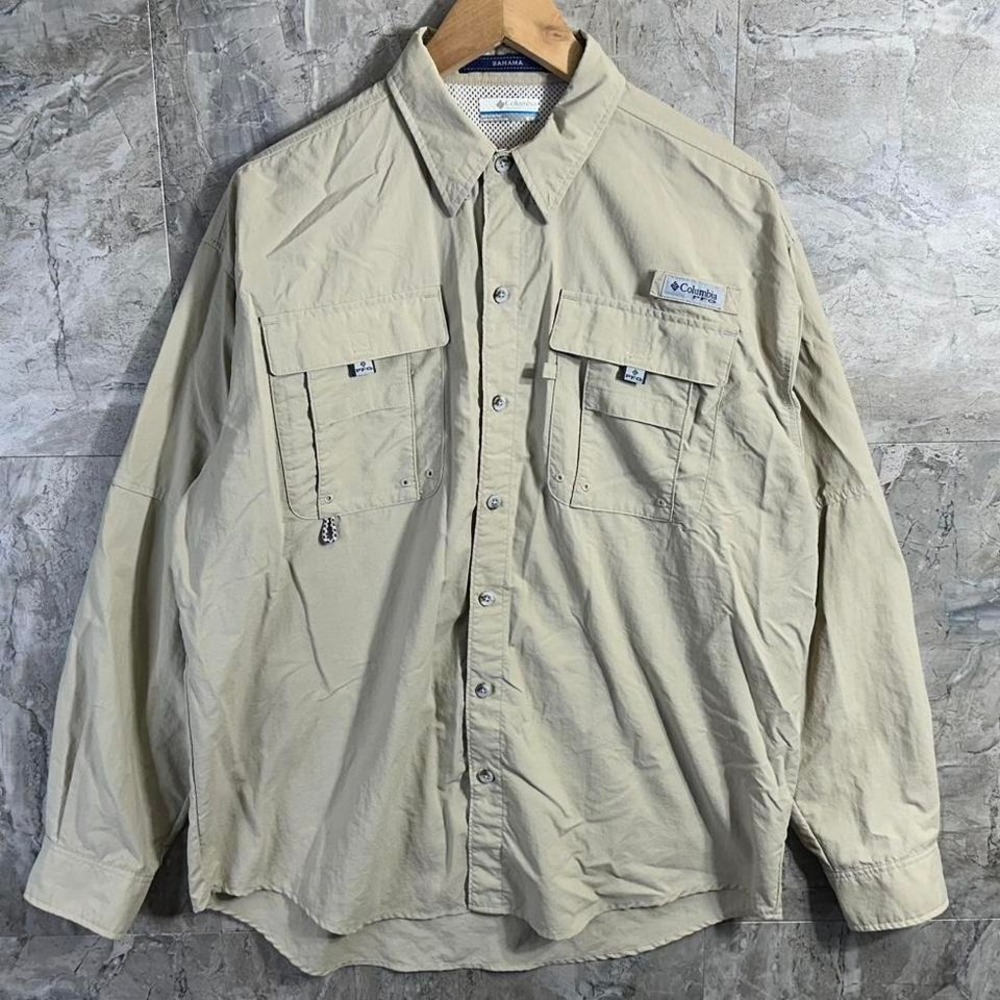Columbia PFG Bahama‎ II Fishing Shirt Mens Medium Tan Khaki Long Sleeve Safari
